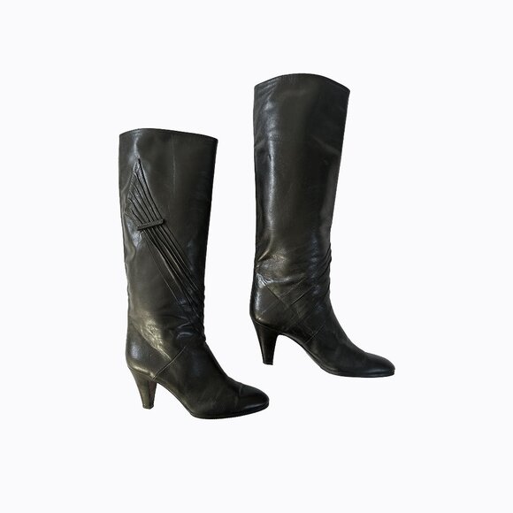 Vintage Kurt Geiger Black Leather Tall Boots 8.5 Italian Ruching 90s Whimsigoth
